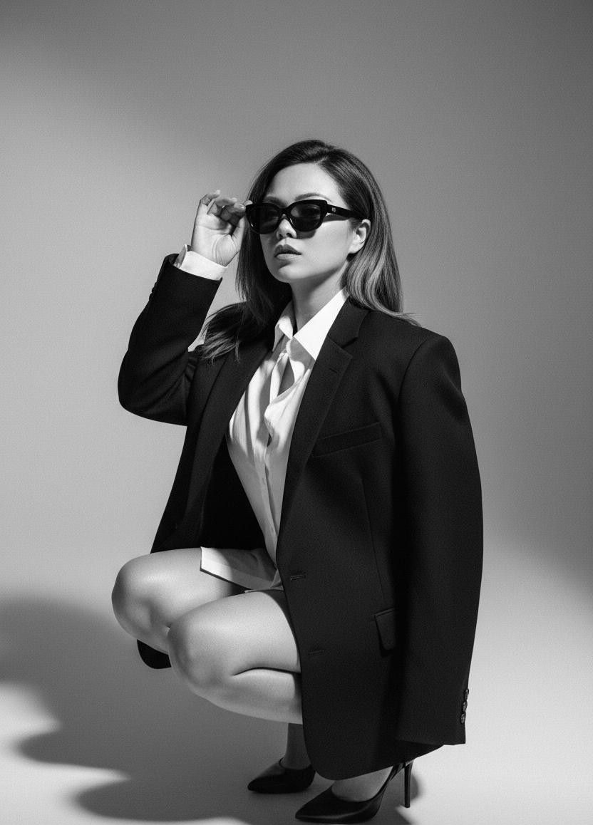 Carmen 戴墨鏡的黑白蹲姿人像